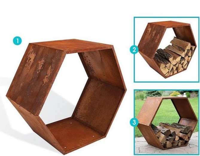 Support en acier rustique de rondin de stockage de bois de chauffage de nid d'abeilles de Corten d'hexagone résistant