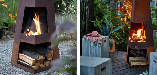 Rouille brûlante en bois survivant à la pyramide extérieure du feu de Chiminea d'obélisque en acier