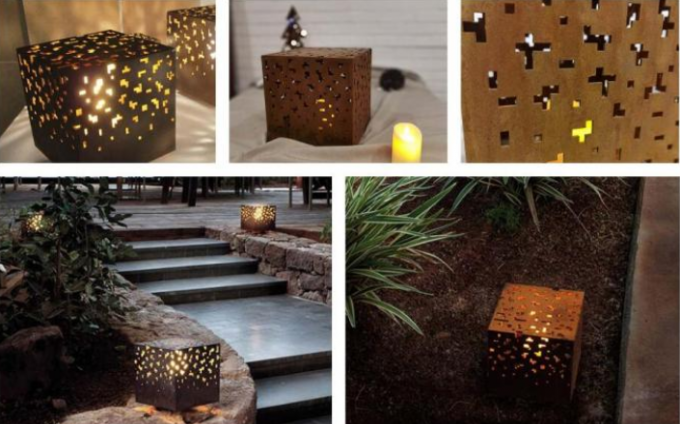 Lumière géométrique extérieure de Rusty Corten Steel Outdoor Floor avec l'abat-jour cubique