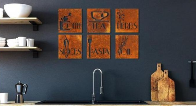 Décorations carrées Rusty Corten Steel House Signs de mur de cuisine de l'ensemble 6