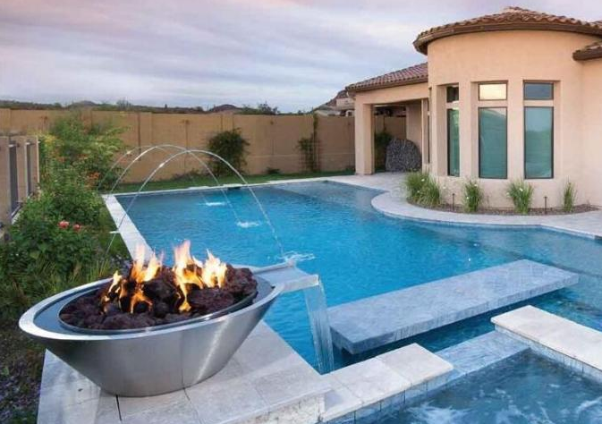 Fontaine d'eau décorative de cuvette de feu de gaz d'acier inoxydable pour la piscine