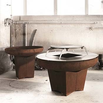 Foyer de barbecue en acier Corten patiné de 3 mm d'épaisseur avec plancha circulaire